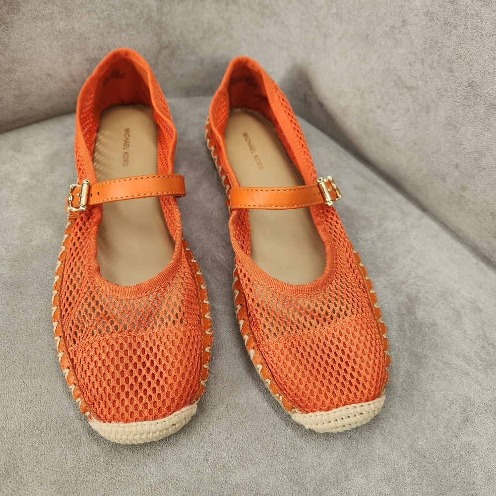Michael Kors Espadrille Ballets 7 Orange Mesh Leather Lynn Mary Jane Logo New$95